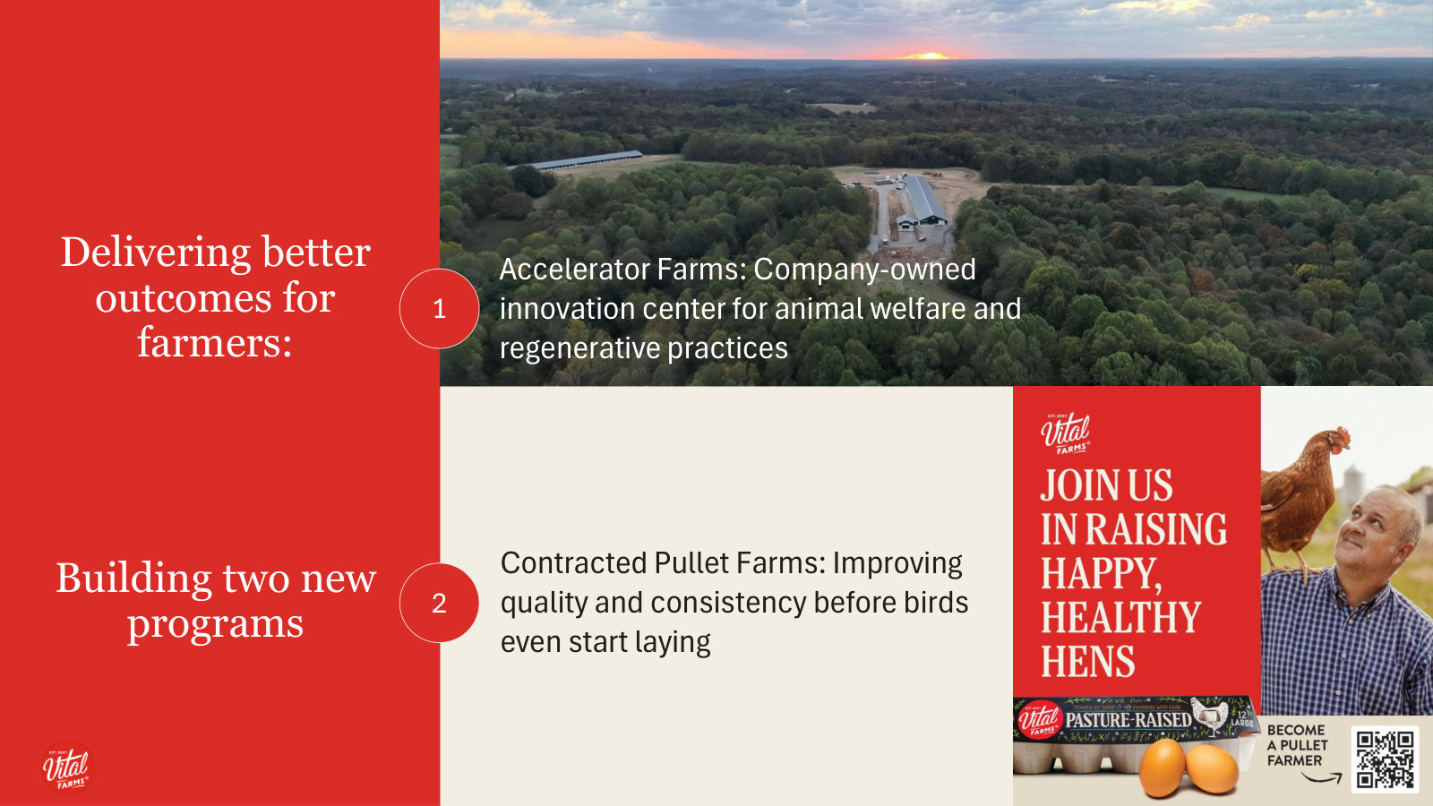 Two new supply programs — company-owned Accelerator Farms and contracted pullet farms.
